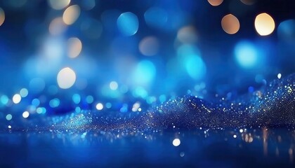 Poster - abstract deep blue bokeh lights with shimmering particles on textured surface, fantasy glow for background and design

