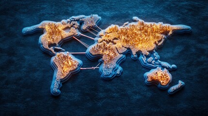 Poster - World map illuminated with lights and connections representing global media and generative ai technology
