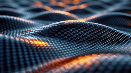 Poster - Close-up of black carbon fiber surface with orange reflections in dynamic waves
