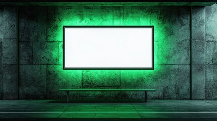 Poster - Modern empty gallery space with bright green lighting highlighting a blank white display board against a textured concrete wall