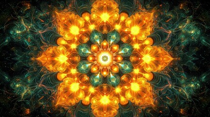 Poster - Vibrant fractal flower pattern with glowing orange and blue symmetry
