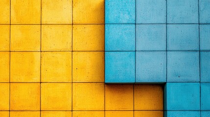 Poster - Vibrant Unity of Yellow and Blue Concrete Blocks in a Realistic Architectural Setting
