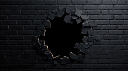 Poster - Dramatic Broken Wall Effect with Black Brick Background Showcasing an Empty Space Creating a Sense of Depth and Texture Ideal for Creative Projects
