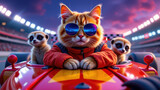 An animated movie poster featuring a cool cat racing with two adorable meerkats.