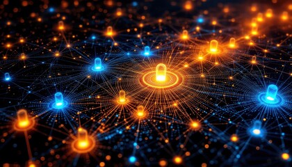 Fototapete - Abstract digital network with glowing locks representing cybersecurity connections