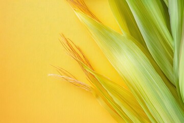 Wall Mural - Fresh green corn leaves against a bright yellow background