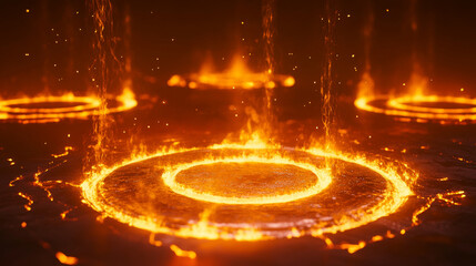 Wall Mural - Fire frames set isolated on transparent background. Vector realistic illustration of circle and rhombus shape orange borders burning with flame, sparkling magic power effect, space portal hole