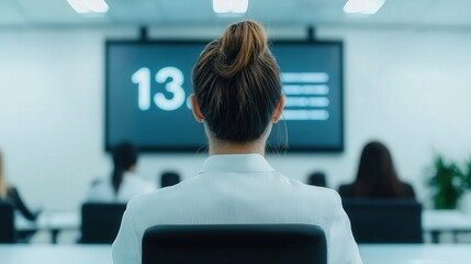Poster - A woman sits in a modern conference room, facing a screen displaying the number 13, surrounded by others engaged in a meeting.