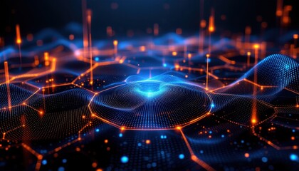 Fototapete - Dynamic abstract blue and orange digital data network with glowing nodes