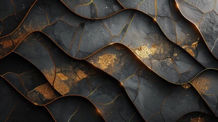 Poster - Abstract black and gold wavy texture with sparkling accents and cracks