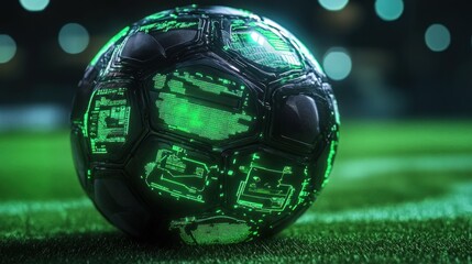 Poster - Futuristic Soccer Ball on Green Field at Night