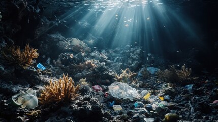 Aufkleber - Underwater view of dying corals surrounded by plastic waste illuminated by faint rays of light. Generative AI
