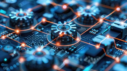 Poster - A close-up view of a circuit board with glowing components and intricate connections, showcasing modern technology and innovation.