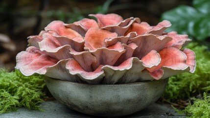 Poster - Intricate coral structures in shades of pink bloom in a serene garden, showcasing nature's artistry. Moss surrounds the delicate formations, enhancing their enchanting allure