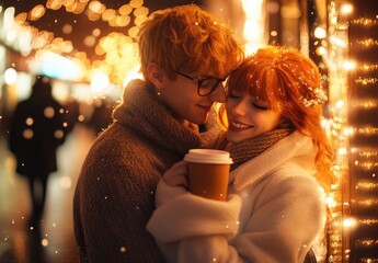 Wall Mural - a happy young couple hugging and smiling while holding coffee to go in front of a Christmas lights decoration at night