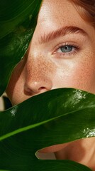 Aufkleber - A captivating young woman peers through vibrant green foliage, highlighting her striking blue eyes and natural freckles. Sunlight illuminates her face, enhancing the serene moment