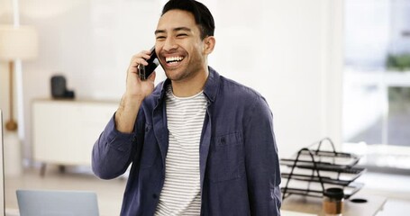 Aufkleber - Phone call, businessman in office with discussion and smile for negotiation, deal and conversation. Chat, communication and happy man in workplace with networking, cellphone and business connection.