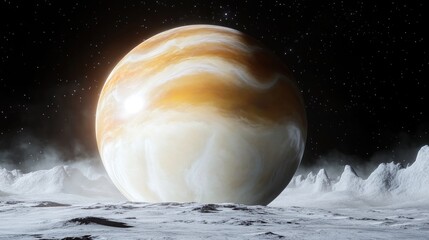 Wall Mural - Spectacular Alien Planet Landscape with Golden Gas Giant and Snowy Terrain