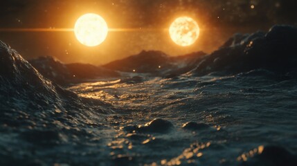 Poster - Binary Star System Illuminates an Alien Ocean with a Celestial Dance