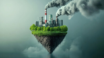 Poster - Power plant emitting dark smoke over a green piece of land, concept of ecology and pollution