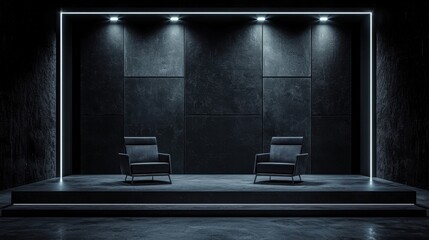 Poster - modern minimalist stage design with two black armchairs and dramatic lighting in a dark space for co