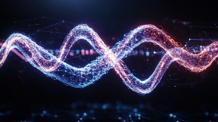 Fototapete - Futuristic dna structure with glowing lines and dots against a black background in motion