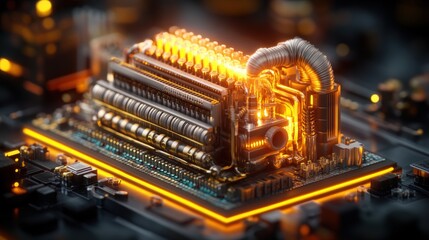 Poster - Computer processor with glowing yellow light and 3d networking isometric details in studio setting