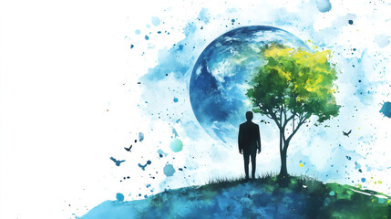 Poster - Earth and a businessman silhouette standing near a tree in a watercolor style painting, symbolizing environmental awareness and responsibility