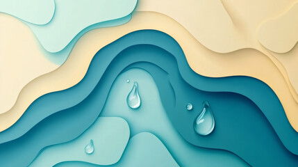 Fototapete - Water drops falling on abstract paper cut background forming wavy ocean landscape with blue and beige colors