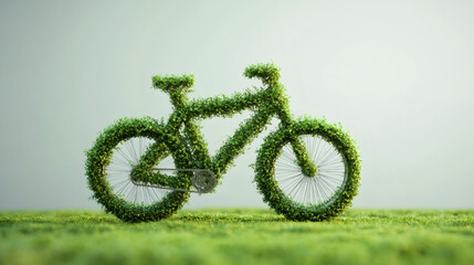 Poster - Verdant bicycle crafted from green leaves resting on lush grass, symbolizing environmental consciousness and sustainable transit