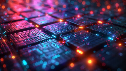 abstract futuristic digital circuit board background with glowing, colorful light effects on pattern