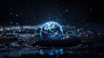 Poster - stunning 3d render of earth surrounded by water droplets in a dark environment with flickering light