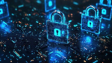 Poster - Futuristic Digital Cybersecurity Concept with Blue Lock Symbols Glowing on a Circuit Board Background Representing Data Protection and Privacy