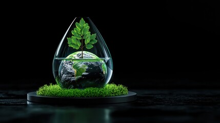Poster - A Creative Representation of Earth Within a Water Droplet Surrounded by Green Grass Symbolizing Nature and Environmental Conservation in a Dark Setting