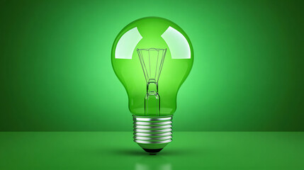 Poster - Green light bulb on green background symbolizing eco-friendly energy solutions and environmental sustainability