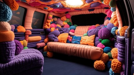 Poster - Couch decorated with colorful pillows and psychedelic car designs in a vibrant living space