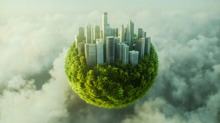 Aufkleber - Green urban landscape merging futuristic architecture with lush vegetation, hovering above cloud layer showcasing sustainable city design