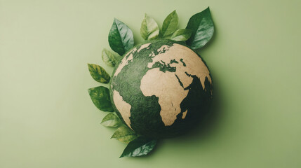 Poster - Green miniature globe surrounded by verdant leaves, representing global environmental consciousness and eco-friendly design principles