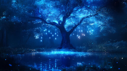 Wall Mural - Glowing blue tree with hanging lights by a pond in a mystical forest, magical night landscape. Dark Surrealist Reflection Pool. Illustration