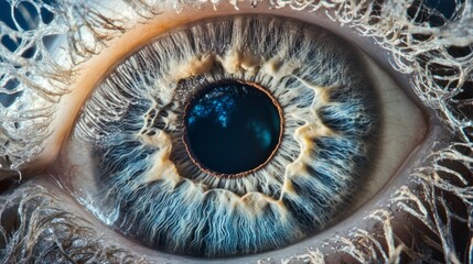 Poster - This captivating close-up reveals the stunning intricacies of a human eye, focusing on the vibrant colors and delicate textures that compose its structure, while reflections hint at a deeper world