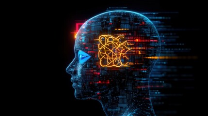 Poster - Side view of a humanoid head with a glowing brain in the center showcasing blue and yellow colors