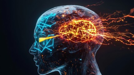 Poster - Side view of a humanoid head with glowing brain and electrical wires in blue and yellow colors