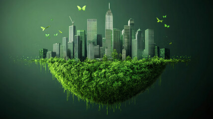 Poster - Green city built on grass with butterflies flying around, representing the concept of ecology and sustainable development