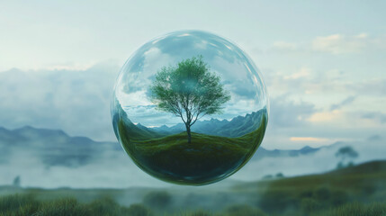 Poster - Crystal ball reflecting serene landscape with solitary tree, mirroring environmental vulnerability and delicate ecosystem preservation