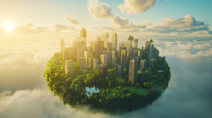 Poster - Futuristic green circular city floating above clouds at sunrise, featuring skyscrapers, lush vegetation, and a serene lake