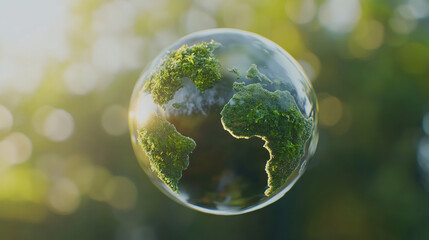 Poster - Green vegetation encasing translucent globe, hovering against soft verdant backdrop, representing global ecological preservation efforts