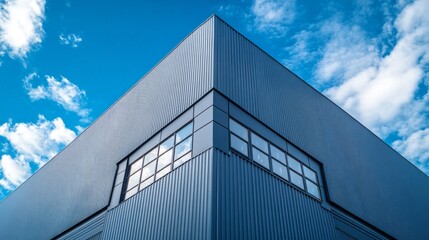 Poster - A striking factory building displays modern architectural elements with sleek lines and expansive windows, contrasting beautifully with the bright blue sky adorned with fluffy clouds