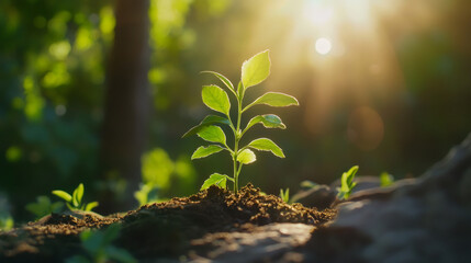 Aufkleber - Green seedling sprouting through soil, catching golden sunset rays, representing hope and potential in natural landscape