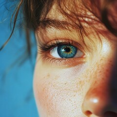 Poster - A close-up view reveals the enchanting blue eyes of a young caucasian female illuminated by natural light. Freckles dot her cheek, enhancing her youthful charm against a vibrant blue backdrop