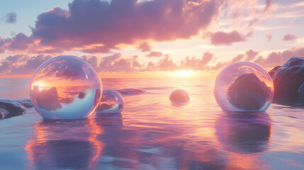 Poster - Iridescent spheres float in coastal tidal pool at sunset; calm ocean background, perfect for science, fantasy, or surreal art. Dark Surrealist Reflection Pool. Illustration